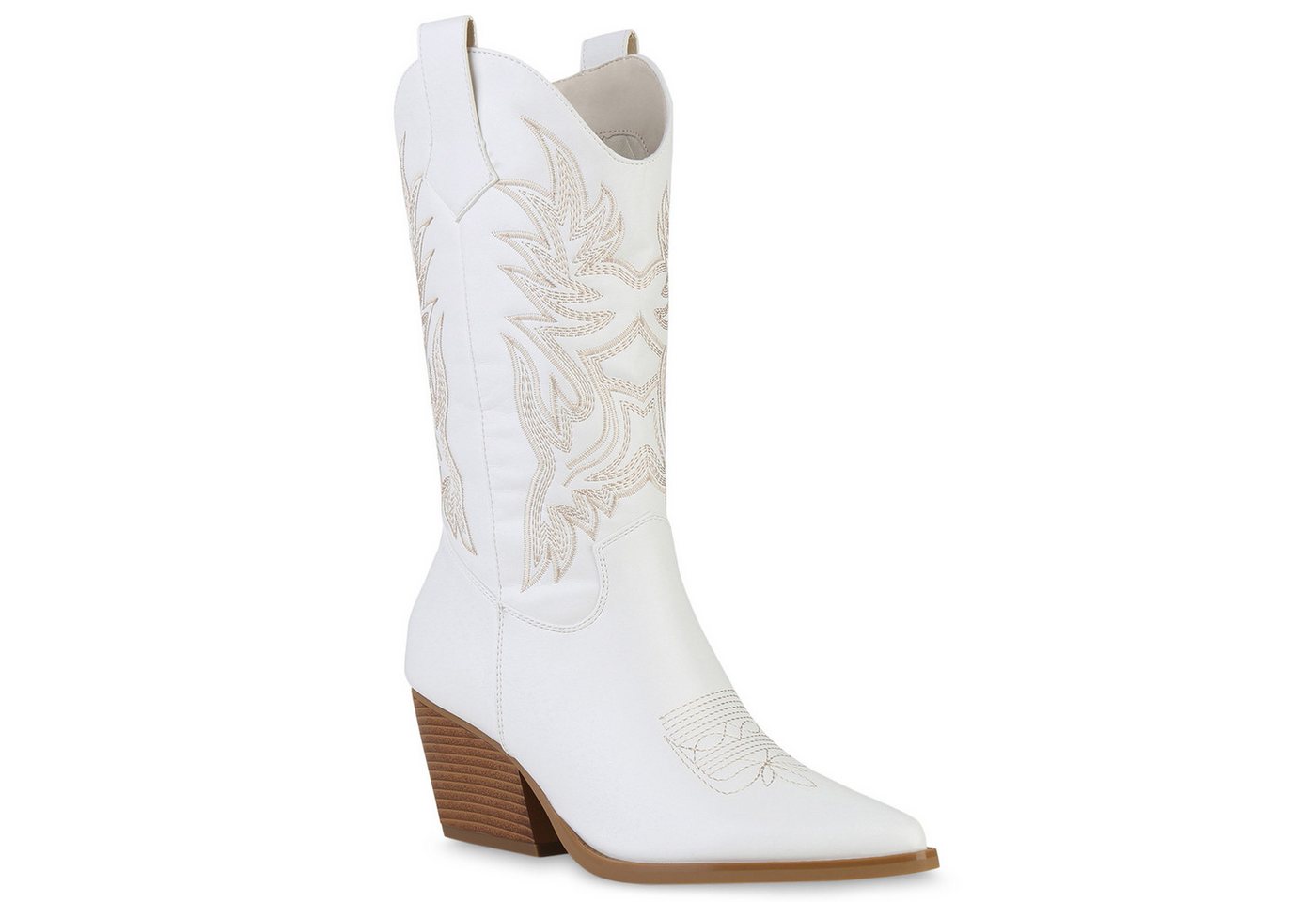 VAN HILL 840142 Cowboystiefel Damen Cowboystiefel Stiefel Stickereien Holzoptikabsatz