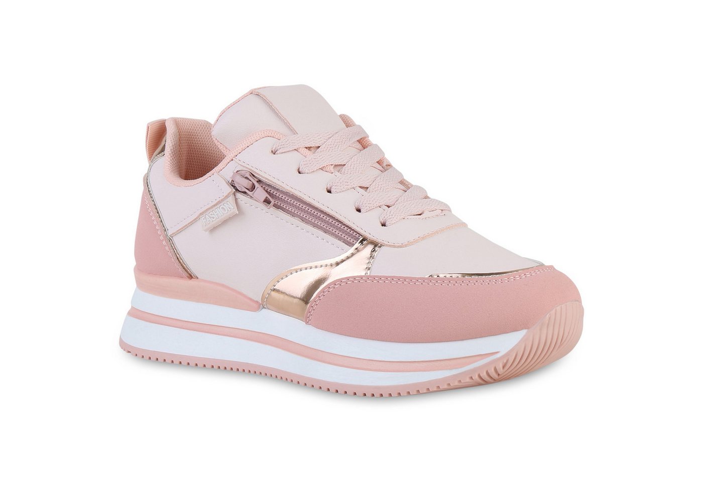 VAN HILL 840174 Plateausneaker Damen Plateau Sneaker Keilabsatz Schnürer Metallic Zipper