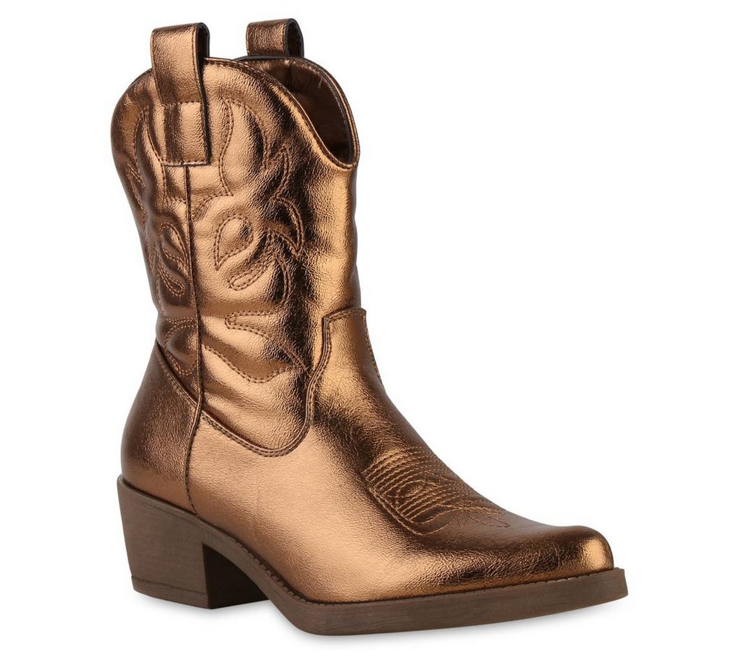 VAN HILL 840203 Cowboy Boots Damen Stiefeletten Cowboy Boots Stickereien Holzoptikabsatz