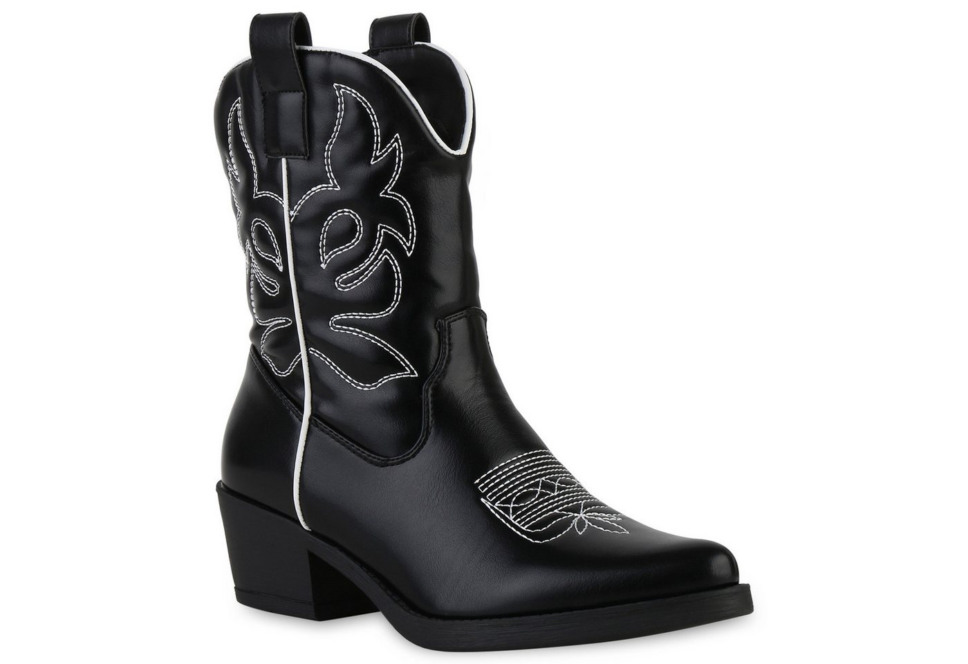 VAN HILL 840203 Cowboy Boots Damen Stiefeletten Cowboy Boots Stickereien Holzoptikabsatz