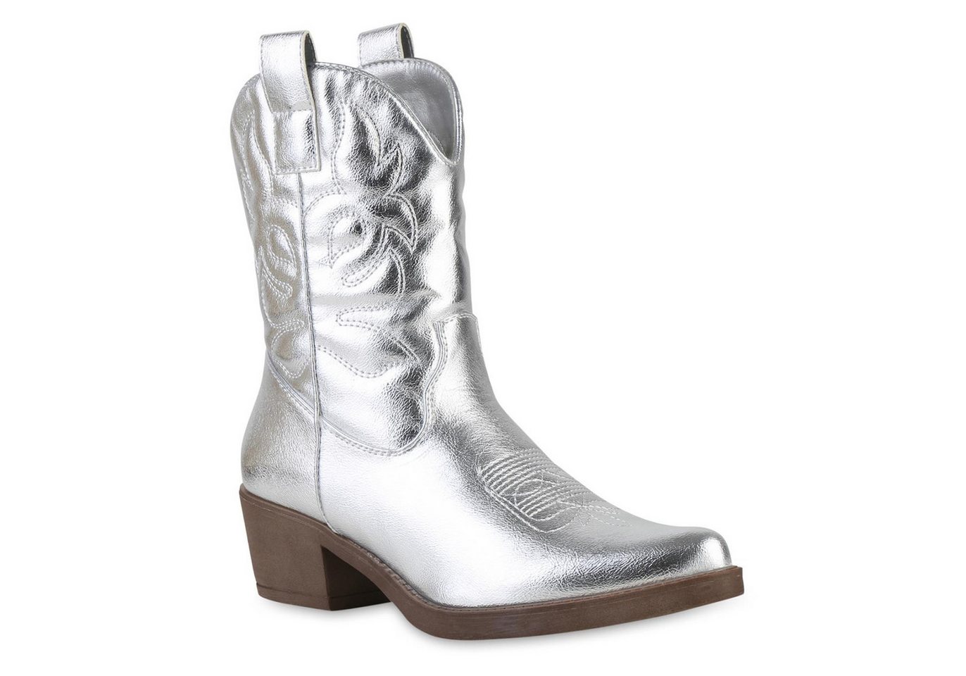 VAN HILL 840203 Cowboy Boots Damen Stiefeletten Cowboy Boots Stickereien Holzoptikabsatz (silber)