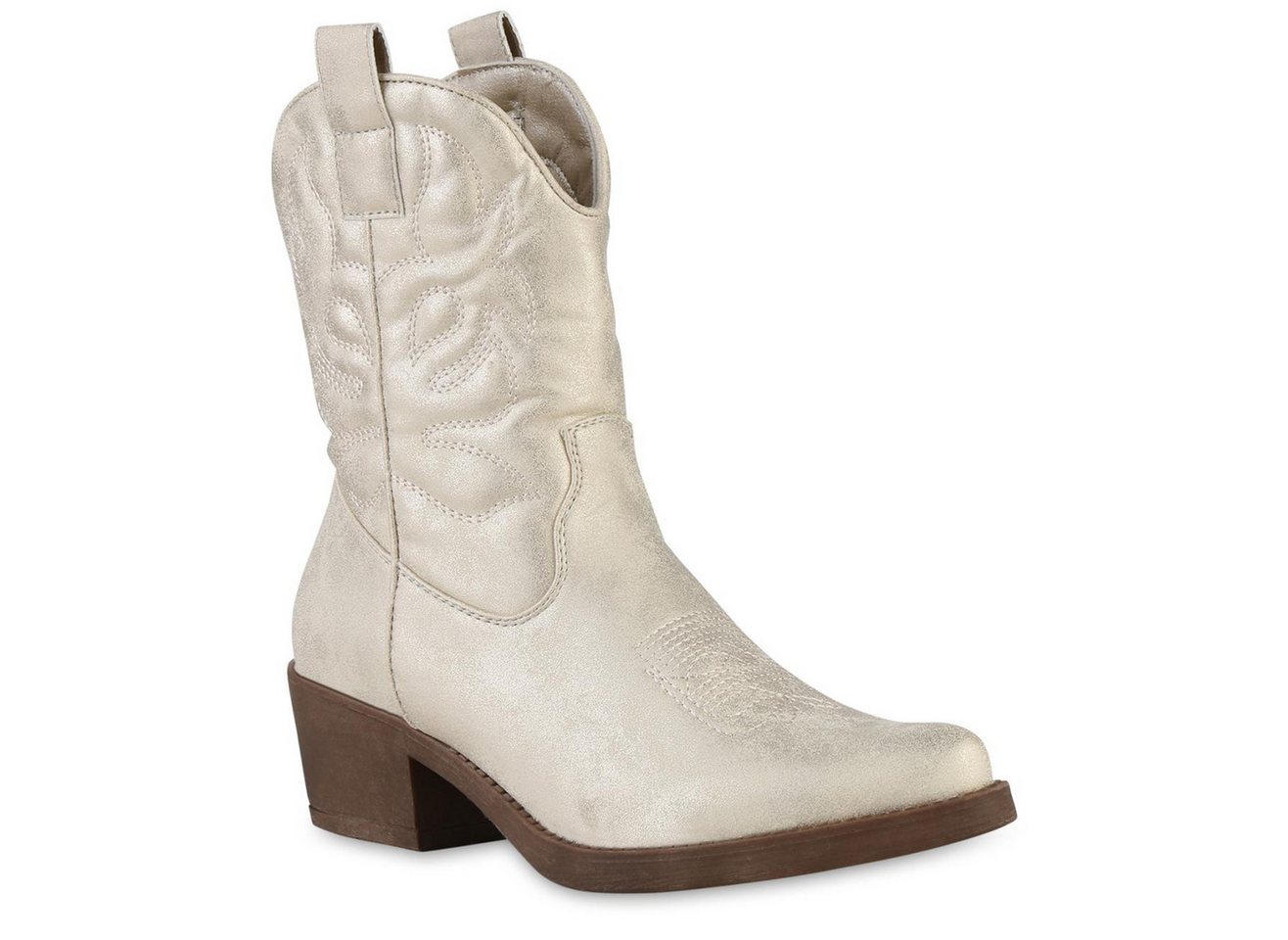 VAN HILL 840203 Cowboy Boots Damen Stiefeletten Cowboy Boots Stickereien Holzoptikabsatz (weiß)