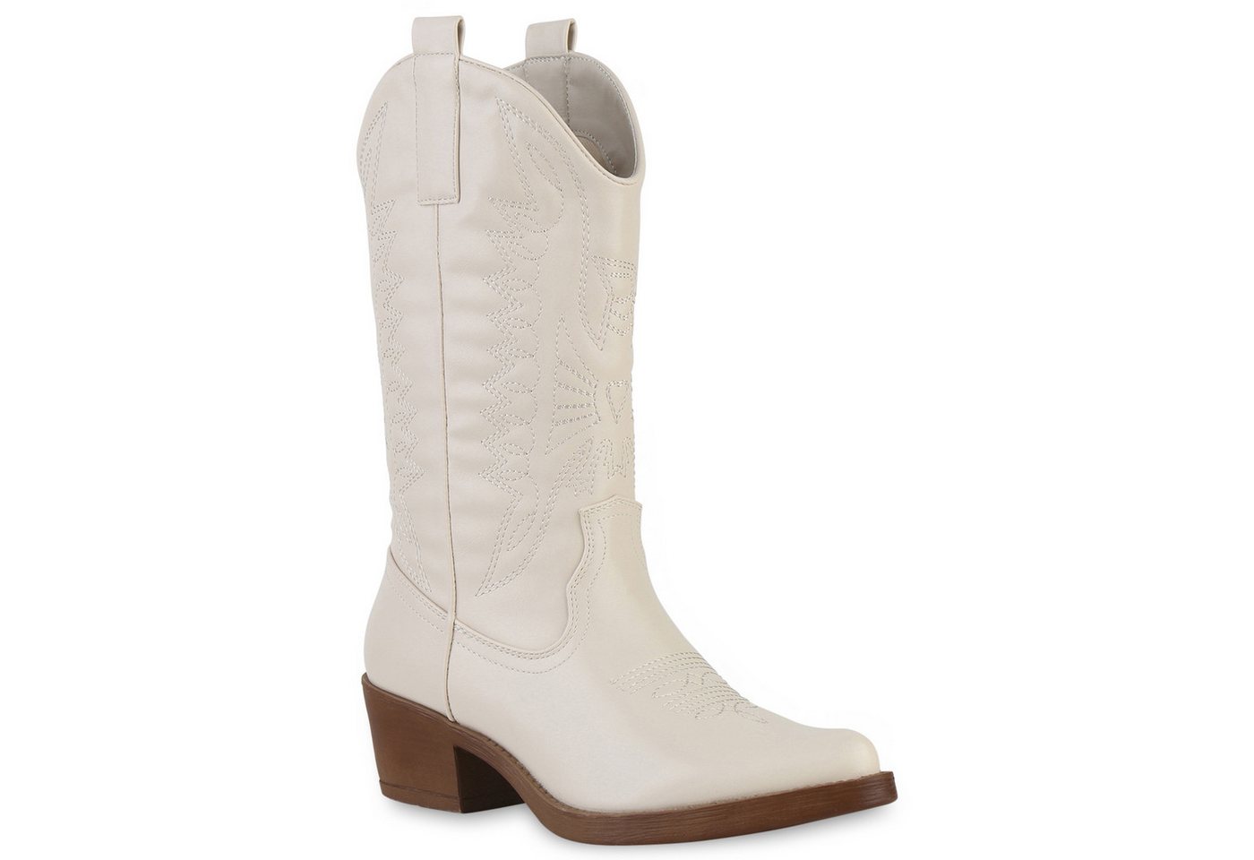 VAN HILL 840208 Cowboystiefel Damen Cowboystiefel Stiefel Stickereien Holzoptikabsatz (beige)