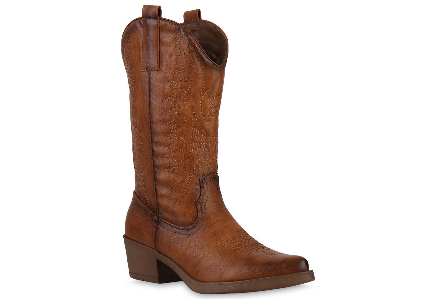 VAN HILL 840208 Cowboystiefel Damen Cowboystiefel Stiefel Stickereien Holzoptikabsatz (braun)