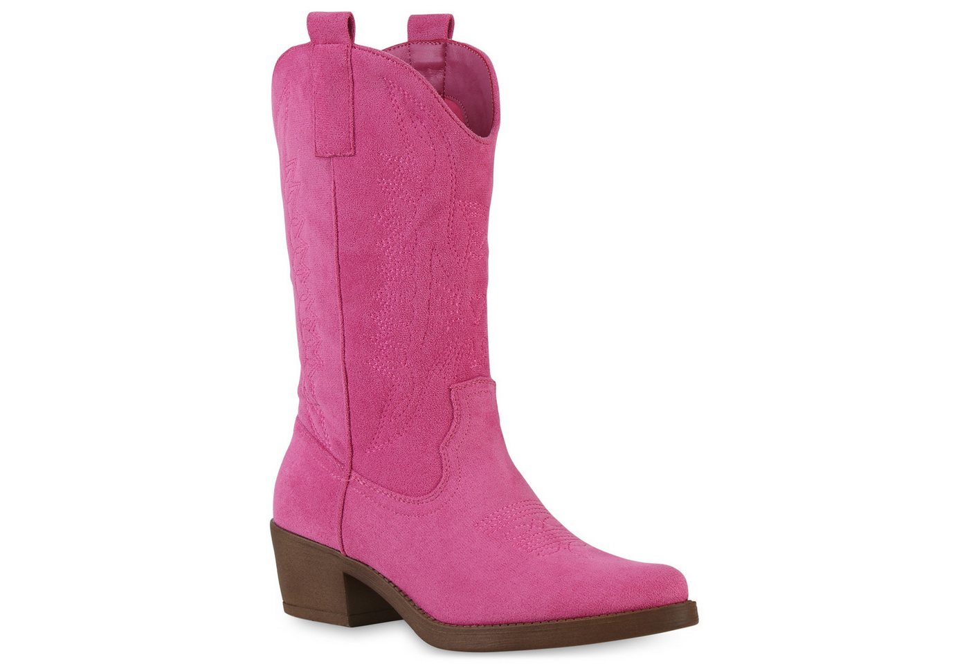VAN HILL 840208 Cowboystiefel Damen Cowboystiefel Stiefel Stickereien Holzoptikabsatz (rosa)