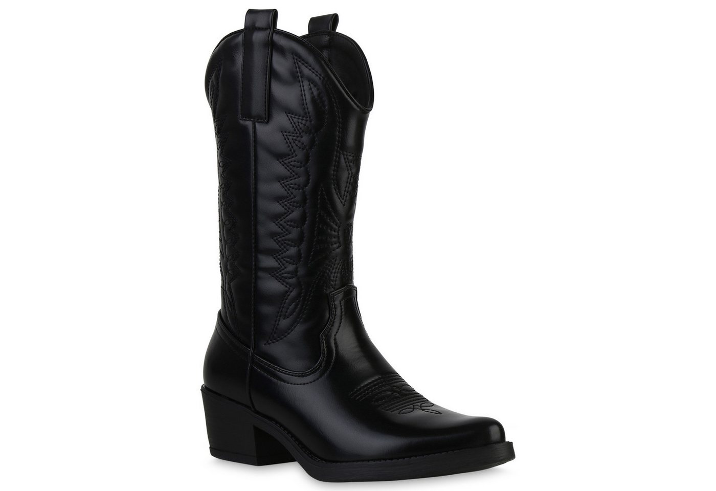VAN HILL 840208 Cowboystiefel Damen Cowboystiefel Stiefel Stickereien Holzoptikabsatz (schwarz)
