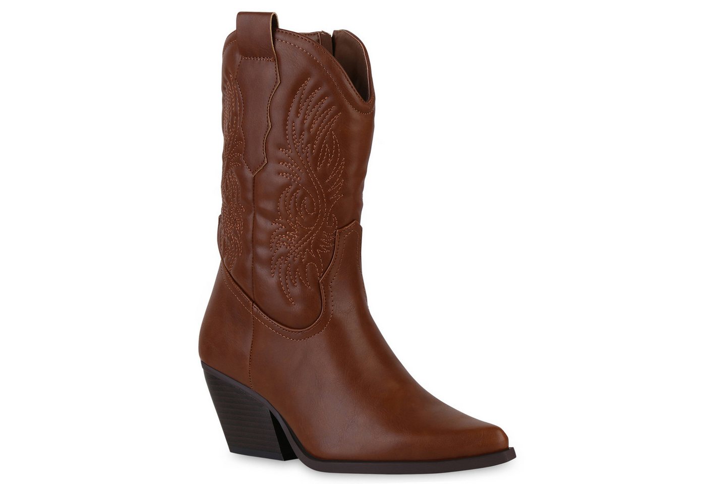 VAN HILL 840253 Cowboy Boots Damen Stiefeletten Cowboy Boots Stickereien Holzoptikabsatz