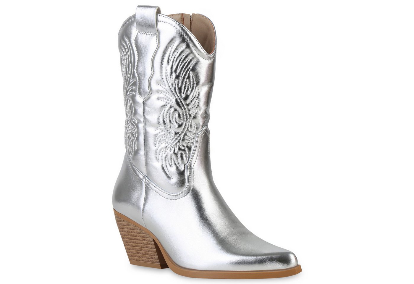 VAN HILL 840253 Cowboy Boots Damen Stiefeletten Cowboy Boots Stickereien Holzoptikabsatz