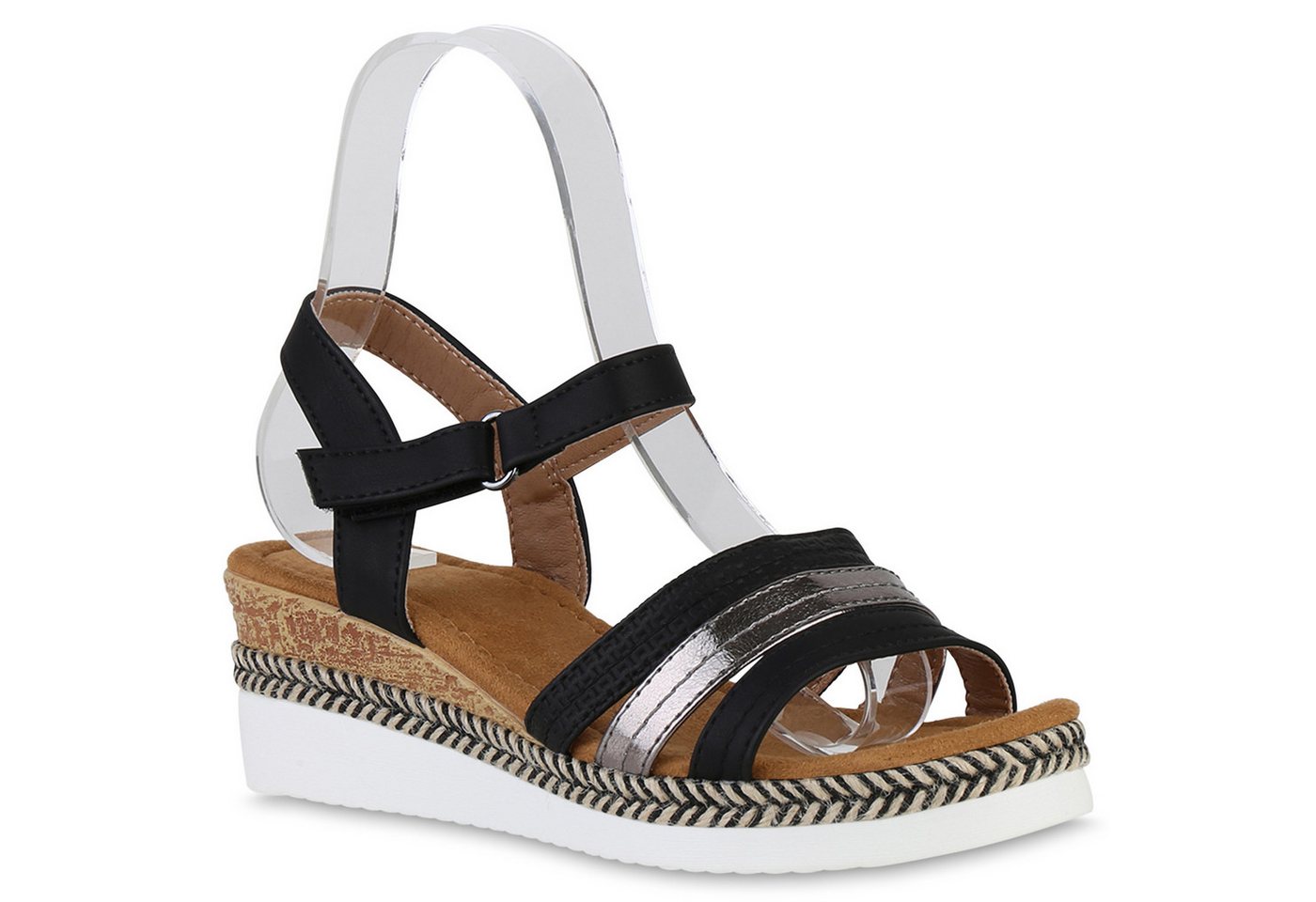 VAN HILL 840276 Keilsandalette Damen Sandaletten Keilsandaletten Metallic Profil-Sohle (bunt/grau/schwarz)