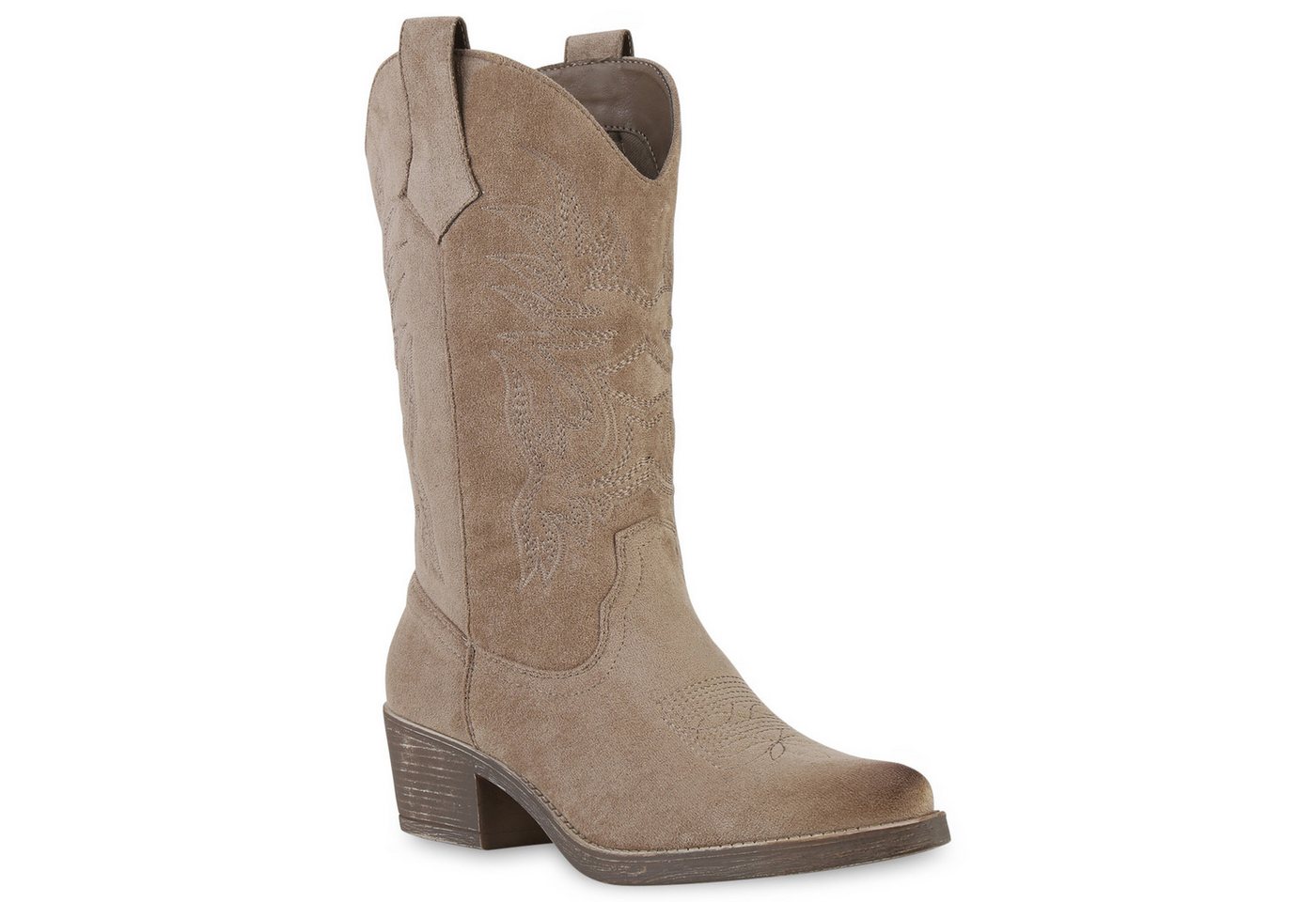 VAN HILL 840336 Cowboystiefel Damen Cowboystiefel Stiefel Stickereien Holzoptikabsatz