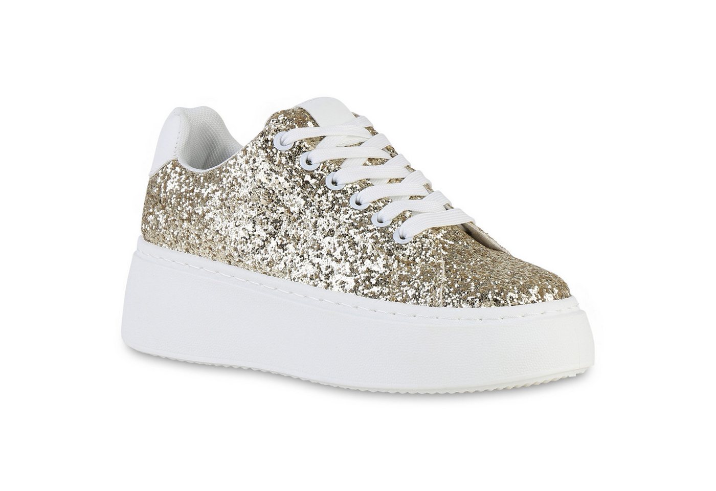VAN HILL 840510 Plateausneaker Damen Plateau Sneaker Keilabsatz Schnürer Glitzer Plateau-