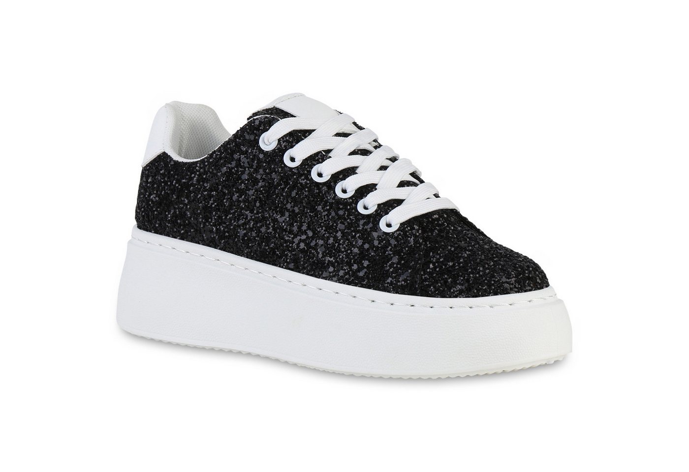 VAN HILL 840510 Plateausneaker Damen Plateau Sneaker Keilabsatz Schnürer Glitzer Plateau- (schwarz)