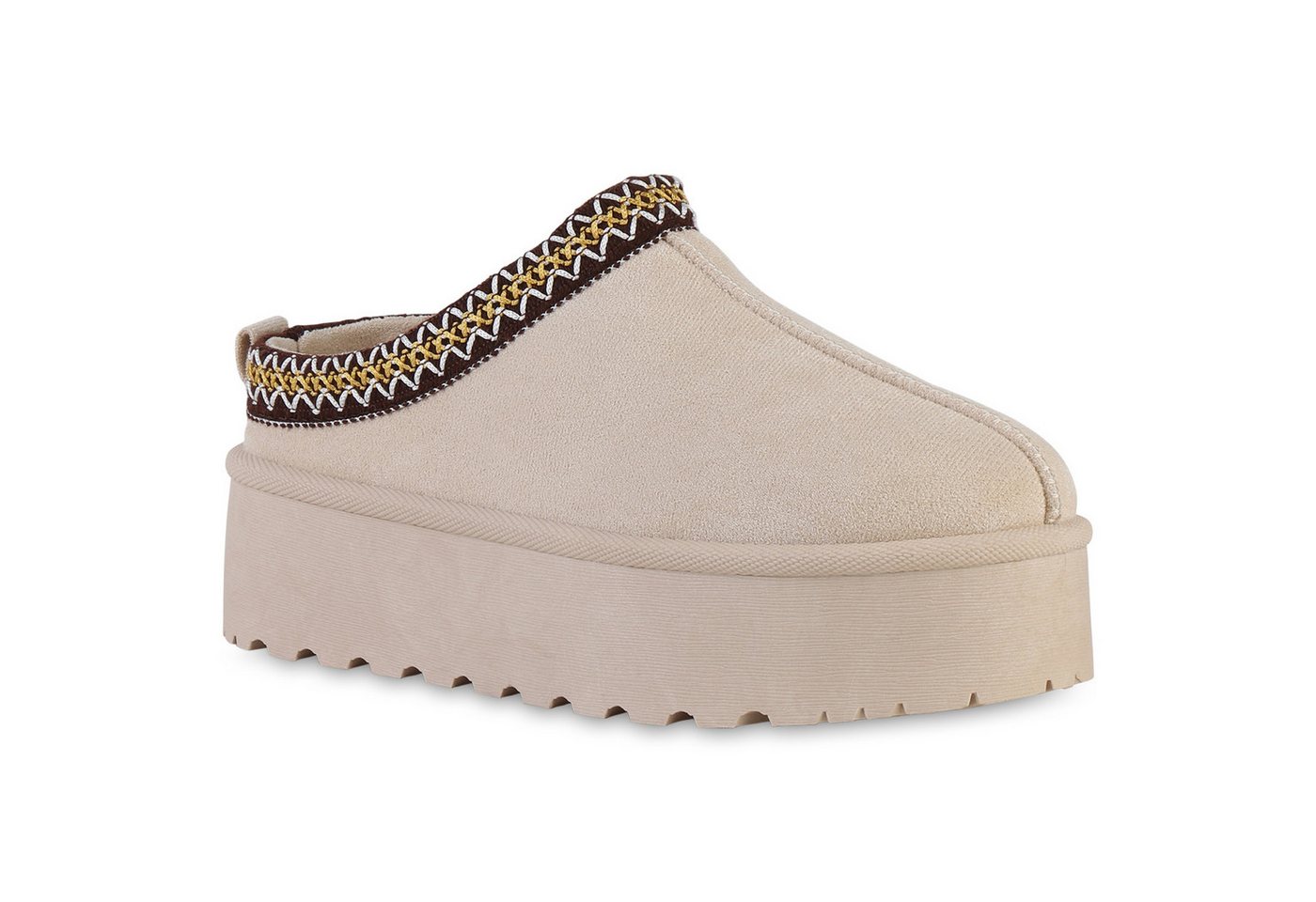 VAN HILL 840601 Hausschuh Damen Warm Gefütterte Pantoffeln Bequeme Plateau Prints (beige)