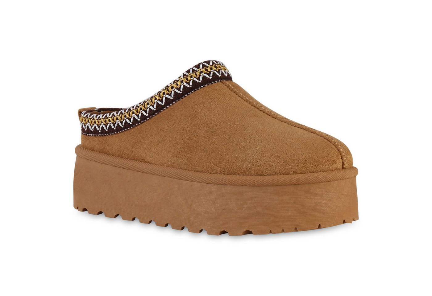 VAN HILL 840601 Hausschuh Damen Warm Gefütterte Pantoffeln Bequeme Plateau Prints (braun)