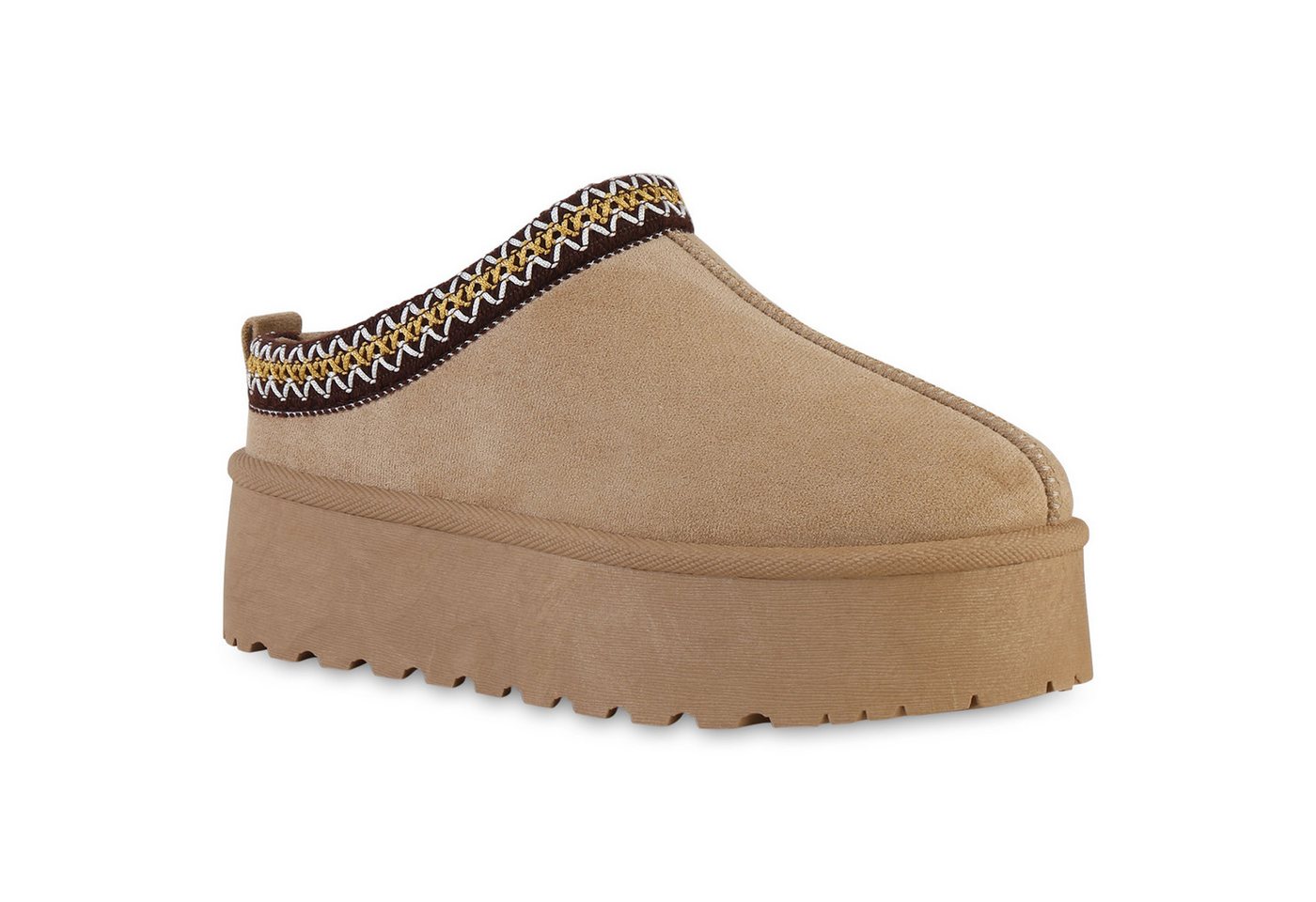 VAN HILL 840601 Hausschuh Damen Warm Gefütterte Pantoffeln Bequeme Plateau Prints (braun)