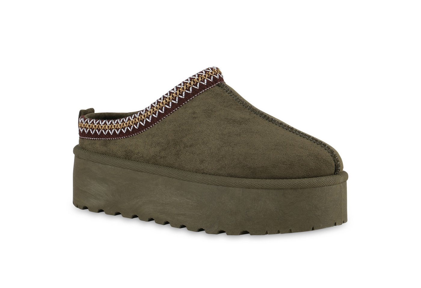 VAN HILL 840601 Hausschuh Damen Warm Gefütterte Pantoffeln Bequeme Plateau Prints (grün)