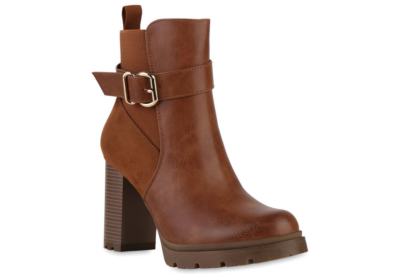 VAN HILL 840735 Bikerboots Damen Leicht Gefütterte Biker Boots Schnallen Profil-Sohle