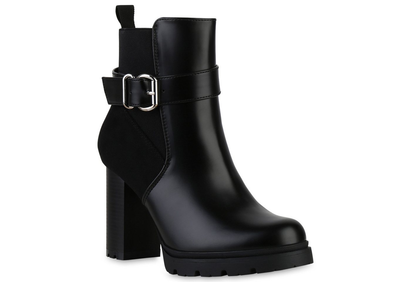 VAN HILL 840735 Bikerboots Damen Leicht Gefütterte Biker Boots Schnallen Profil-Sohle