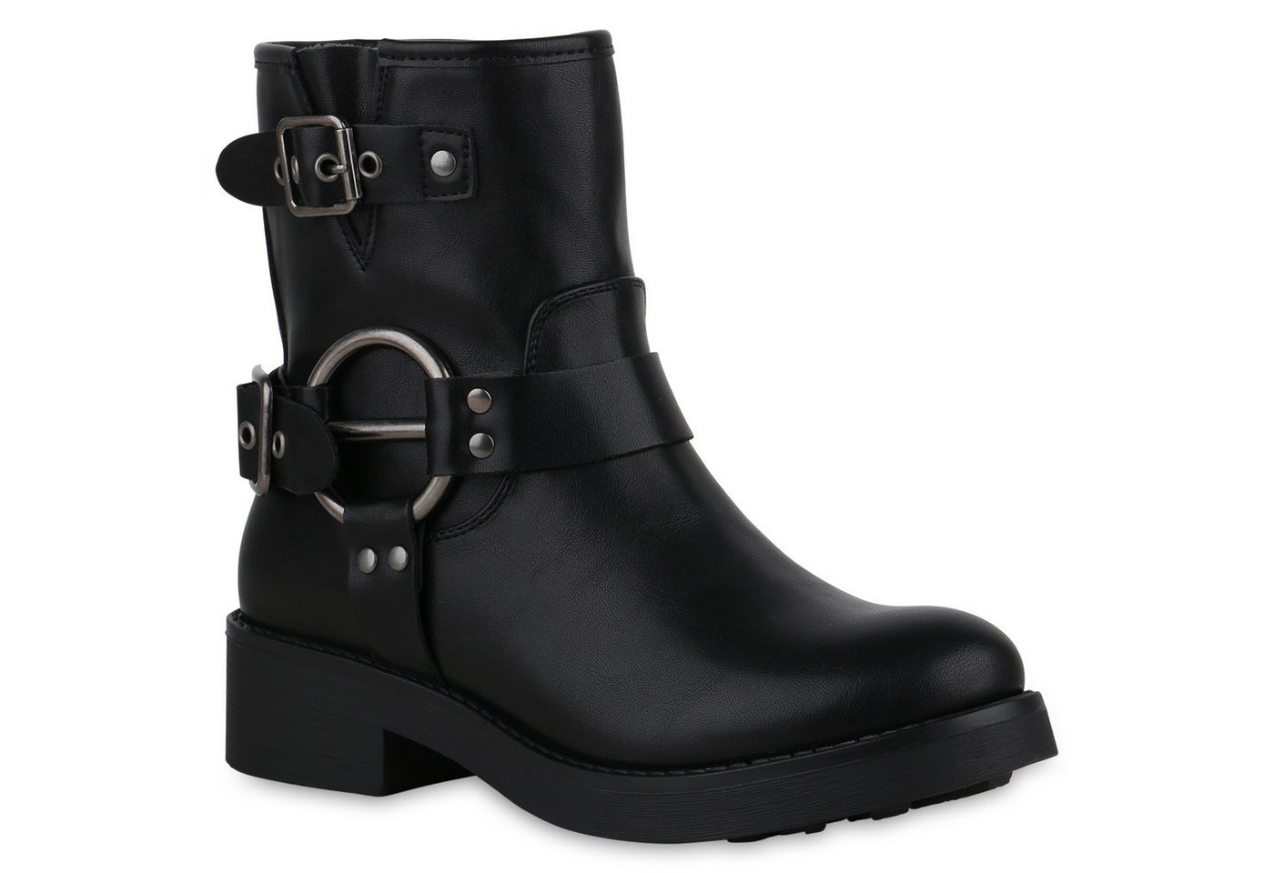VAN HILL 840843 Bikerboots Damen Leicht Gefütterte Biker Boots Schnallen Nieten
