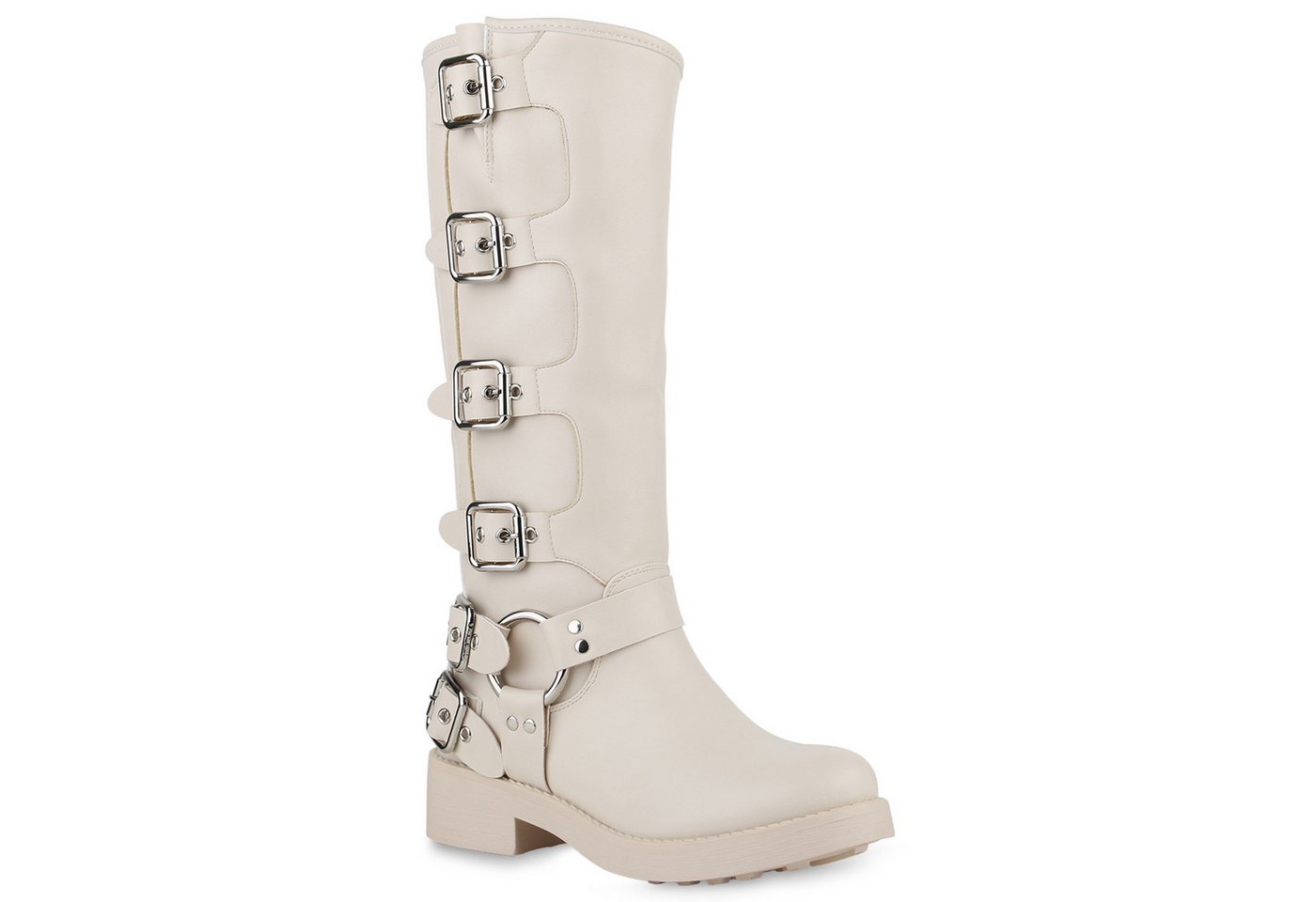 VAN HILL 840848 Stiefel Damen Leicht Gefütterte Bikerstiefel Schnallen Nieten