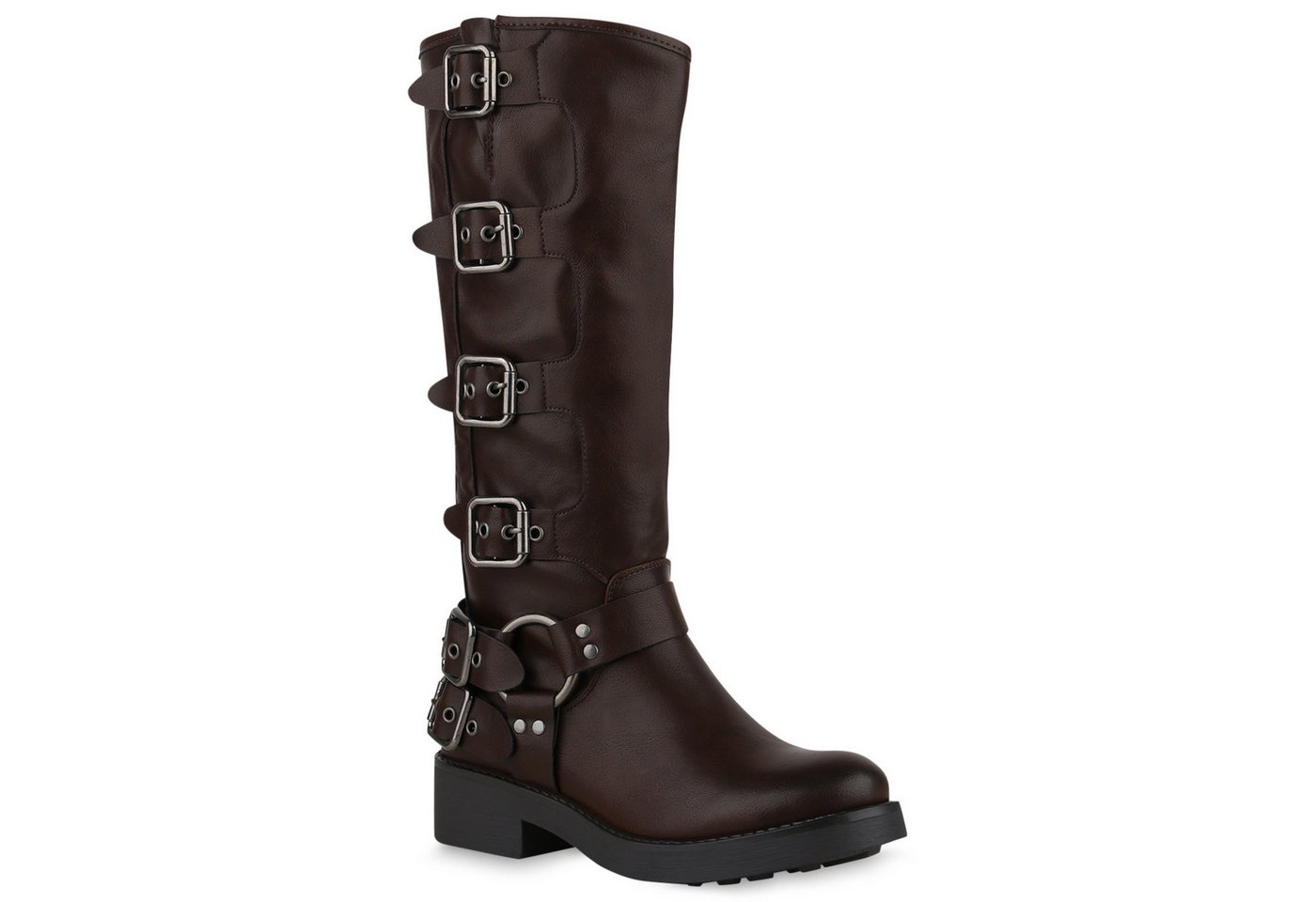 VAN HILL 840848 Stiefel Damen Leicht Gefütterte Bikerstiefel Schnallen Nieten