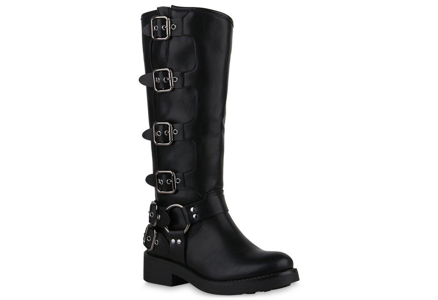 VAN HILL 840848 Stiefel Damen Leicht Gefütterte Bikerstiefel Schnallen Nieten