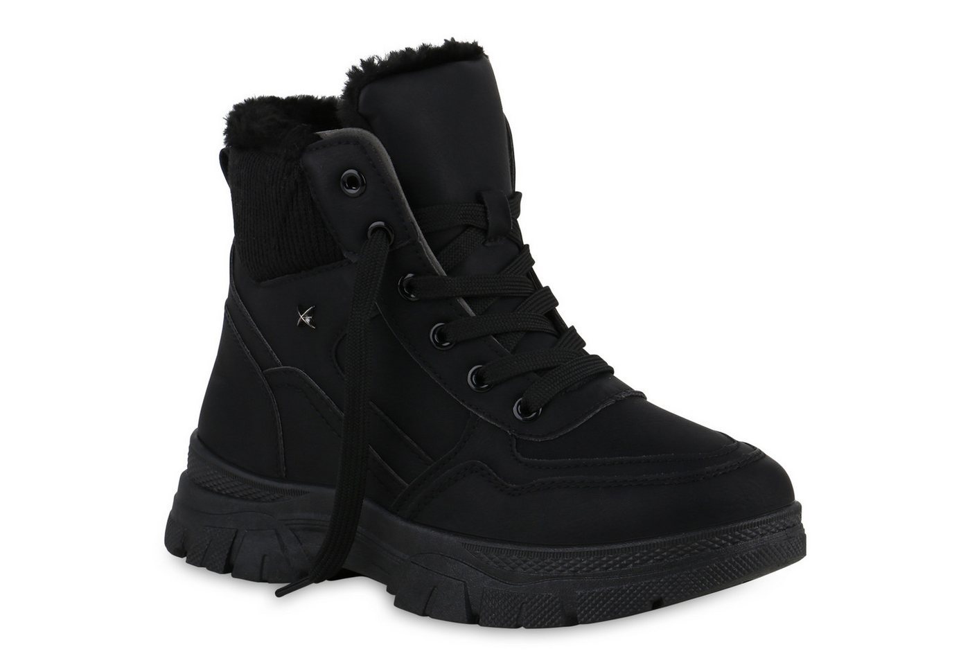 VAN HILL 840851 Stiefelette Damen Warm Gefüttert Worker Boots Bequem Strick Profil-Sohle Schuh