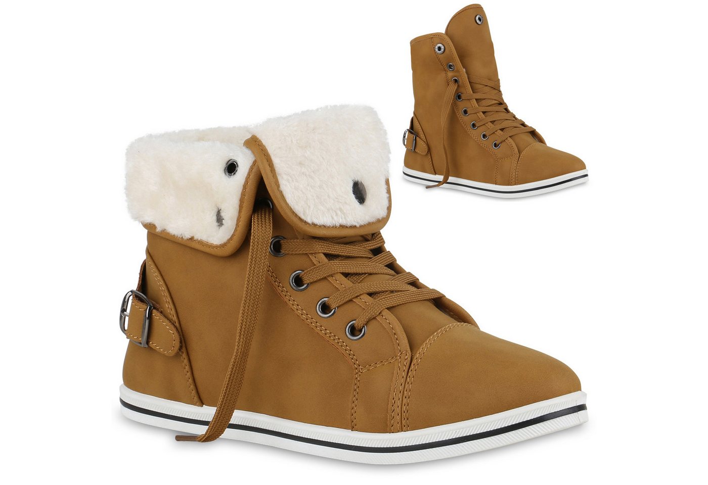 VAN HILL 840858 Sneaker Damen Warm Gefüttert Sneaker High Bequem Schnürer Schnallen (braun)