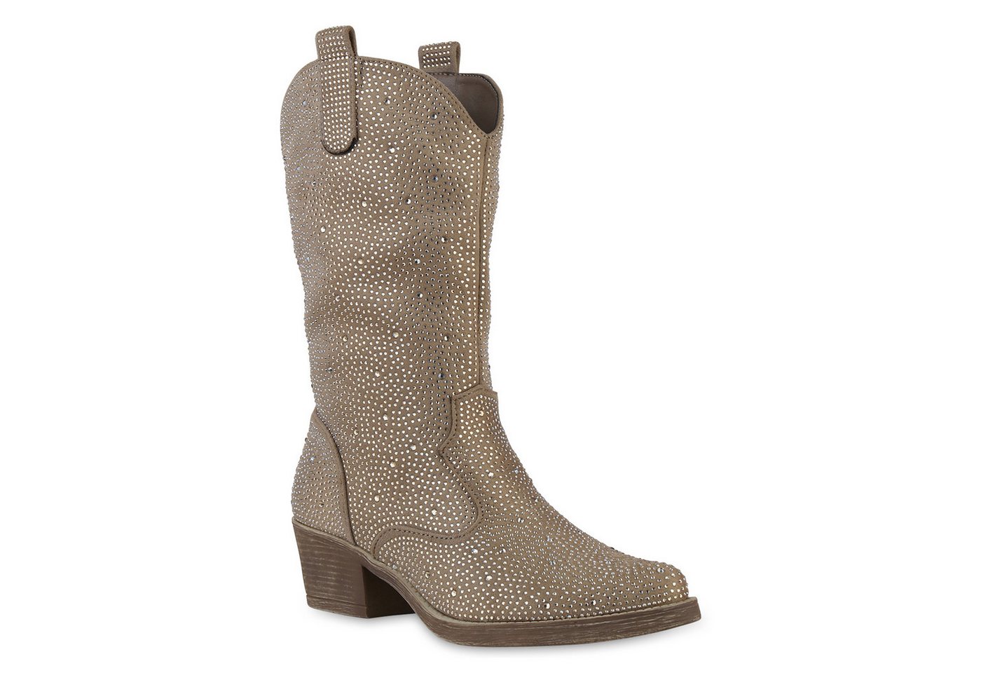 VAN HILL 840905 Cowboystiefel Damen Cowboystiefel Stiefel Spitze Strass Western (braun)