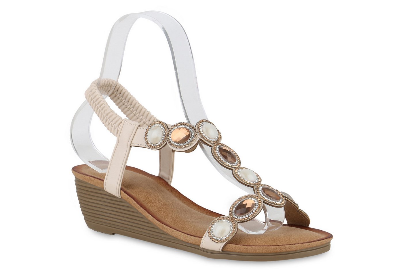 VAN HILL 840957 Keilsandalette Damen Keilsandaletten Sandaletten Strass Zierperlen Sommer