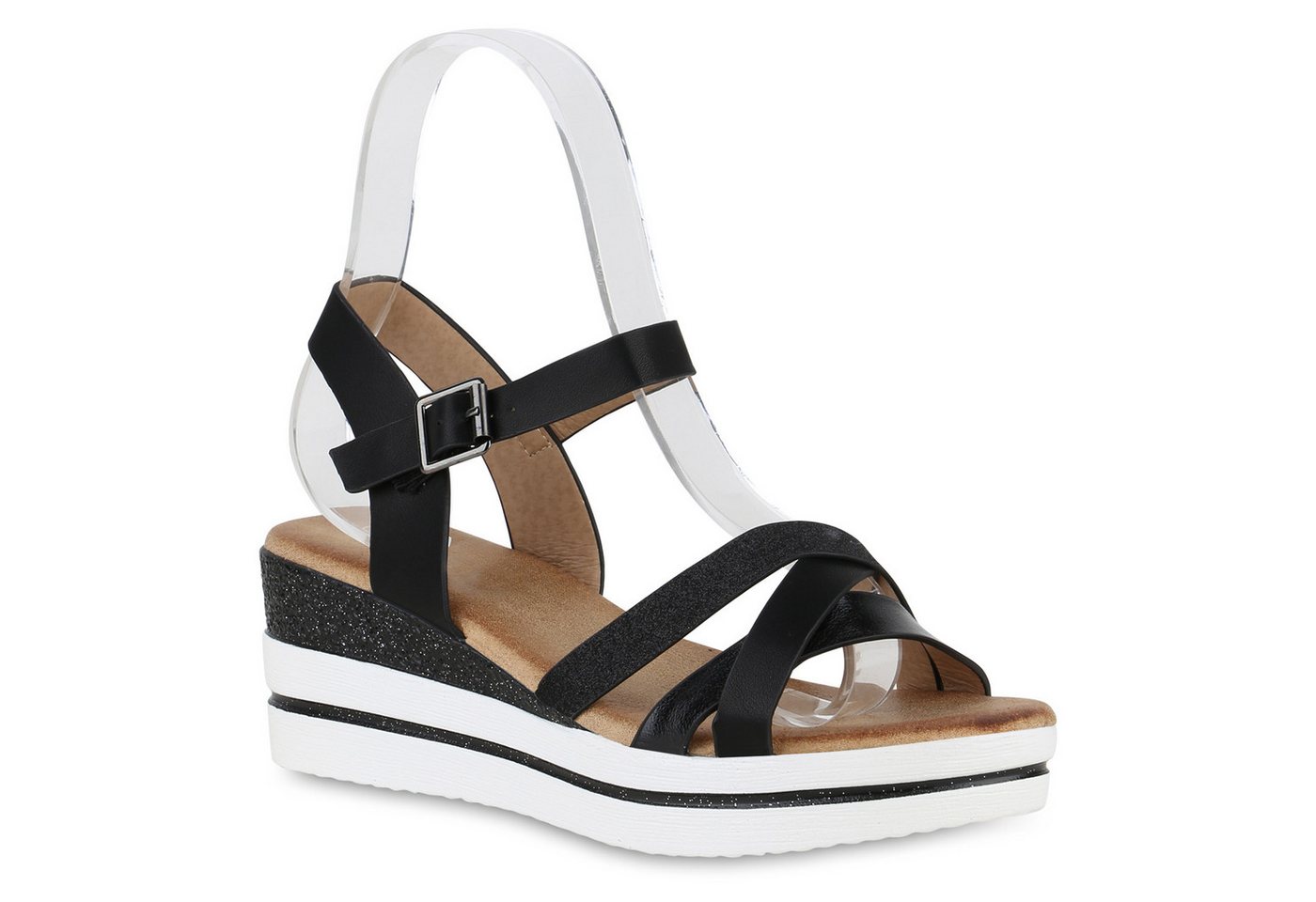 VAN HILL 840958 Plateausandaletten Damen Plateau Sandaletten Glitzer Keilabsatz Plateau-