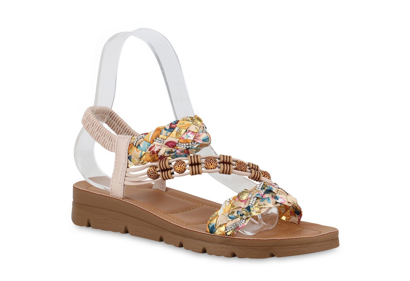 VAN HILL 840960 Riemchensandale Damen Riemchensandalen Sandalen Prints Strass Zierperlen