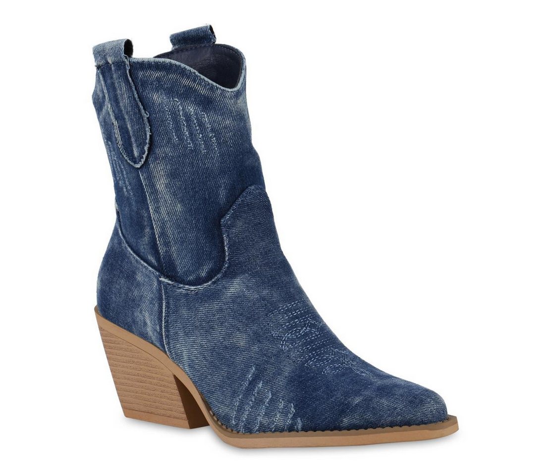 VAN HILL 840975 Cowboy Boots Damen Cowboy Boots Stiefeletten Spitze Denim Stickereien