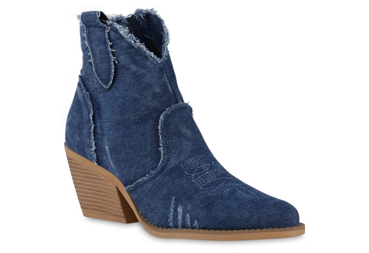 VAN HILL 840976 Cowboy Boots Damen Cowboy Boots Stiefeletten Denim Fransen Stickereien