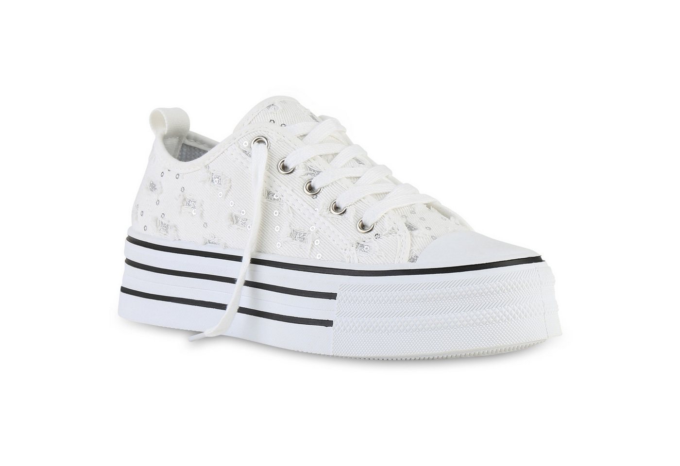 VAN HILL 840981 Plateausneaker Damen Plateau Sneaker Denim Schnürer Pailletten Glitzer