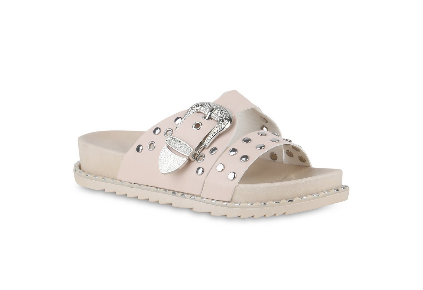 VAN HILL 840995 Pantolette Damen Pantoletten Sandalen Nieten Schnallen Profil-Sohle