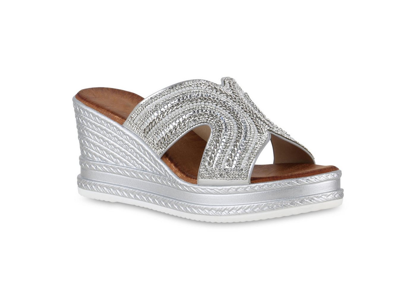 VAN HILL 840997 Sandalette Damen Pantoletten Sandaletten Strass Ketten Plateau Vorne