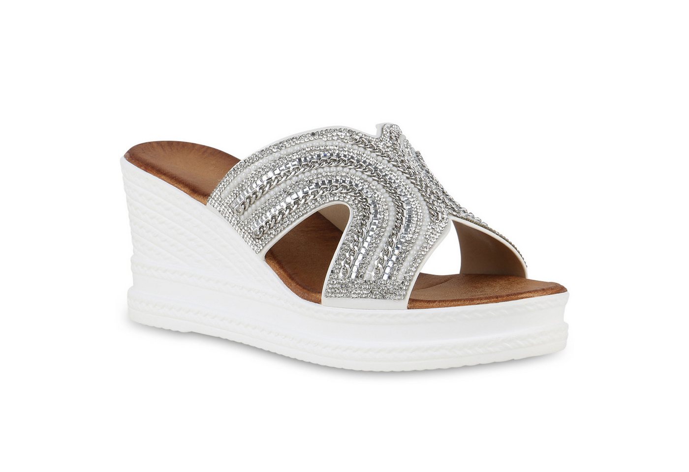 VAN HILL 840997 Sandalette Damen Pantoletten Sandaletten Strass Ketten Plateau Vorne