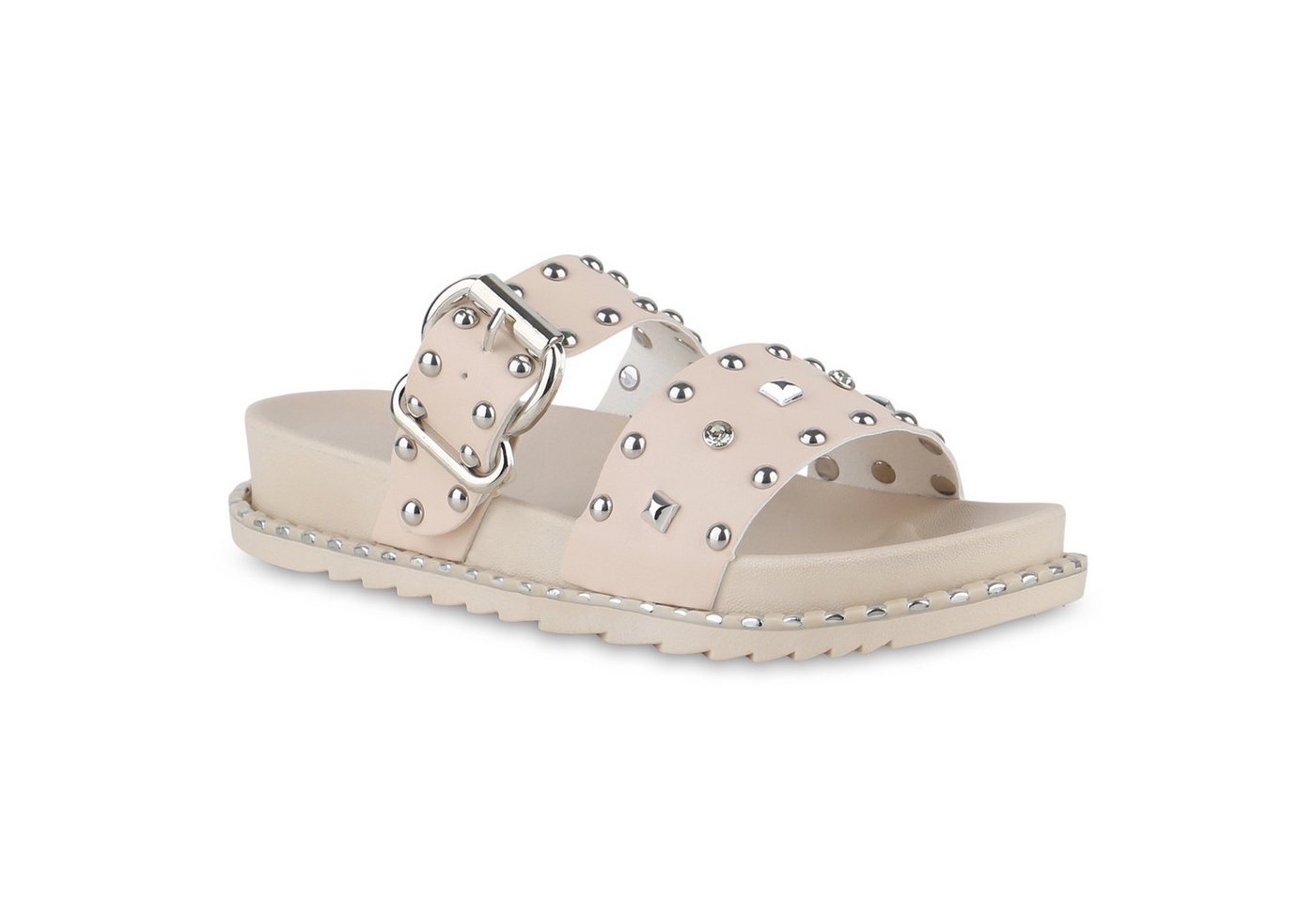 VAN HILL 841051 Pantolette Damen Pantoletten Sandalen Nieten Strass Schnallen
