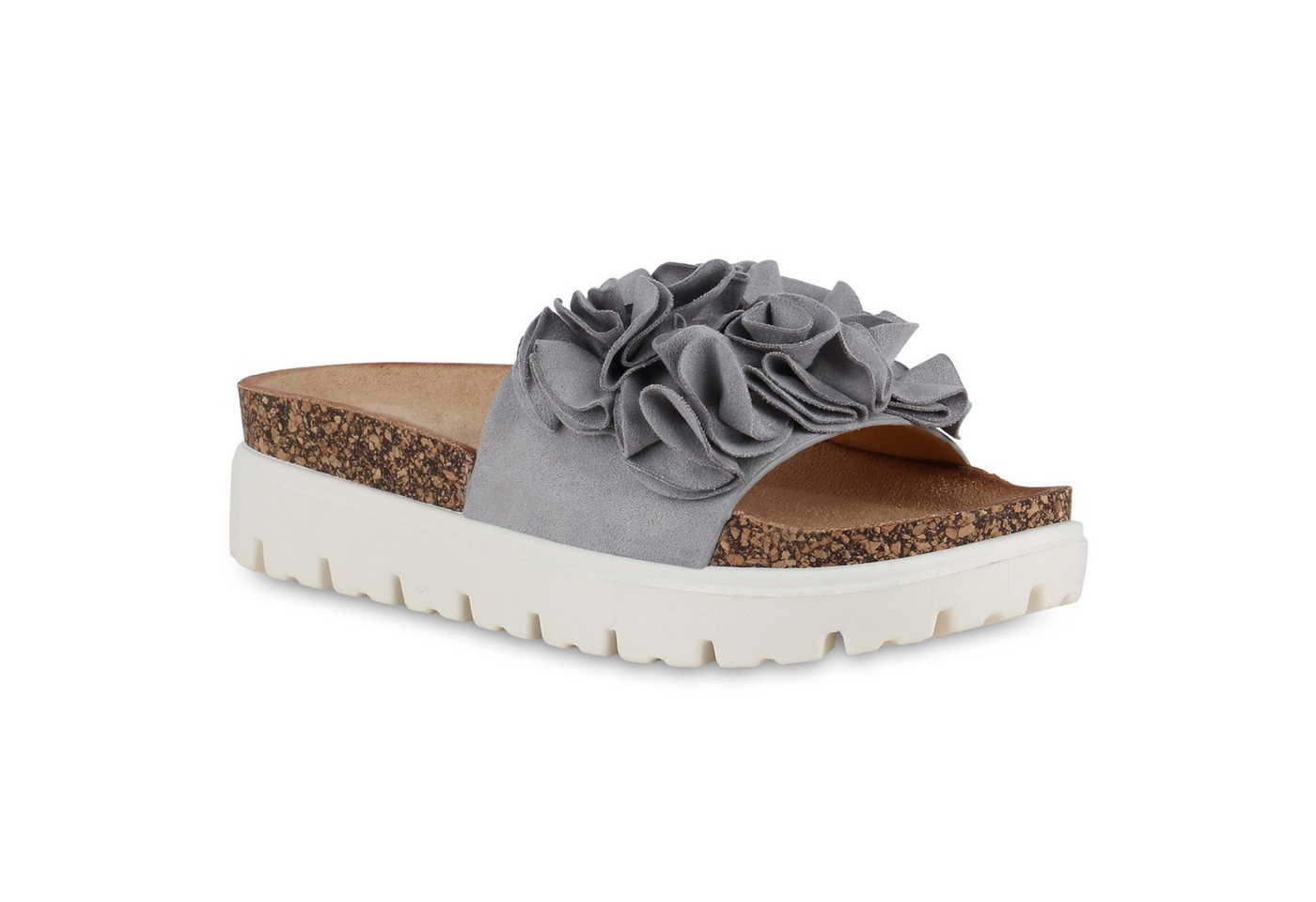 VAN HILL 841092 Sandalette Damen Pantoletten Sandaletten Korkoptik Volant Profil-Sohle