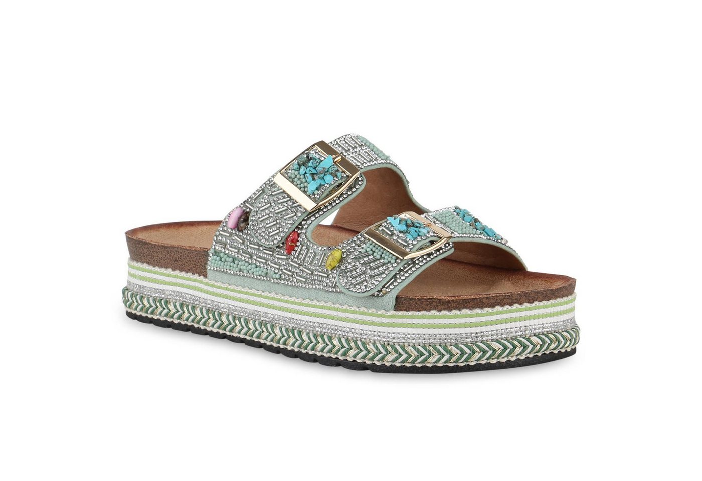 VAN HILL 841100 Sandalette Damen Pantoletten Sandaletten Strass Zierperlen Plateau
