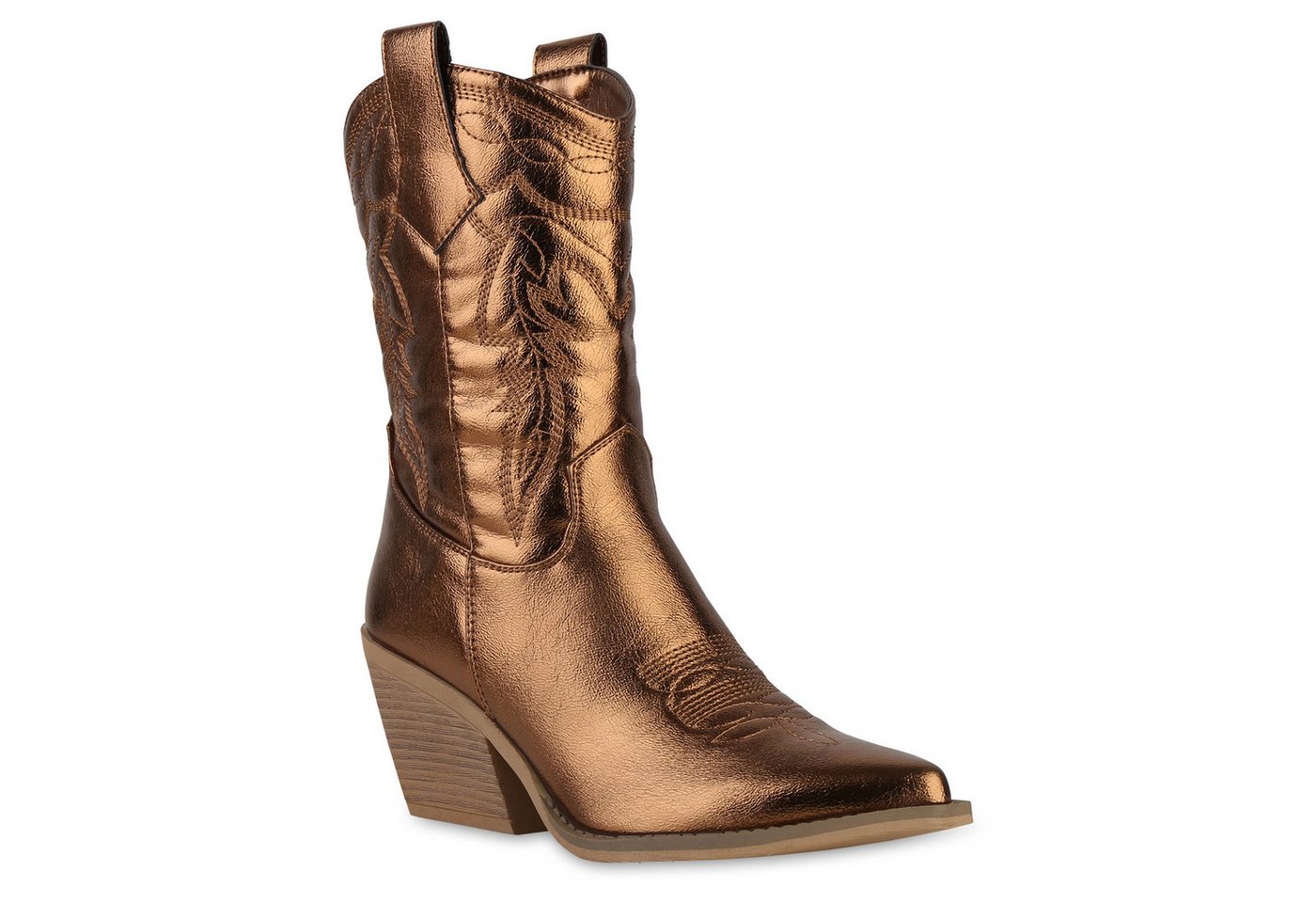 VAN HILL 841116 Cowboystiefel Damen Cowboystiefel Stiefel Spitz Zierperlen Holzoptikabsatz Schuh