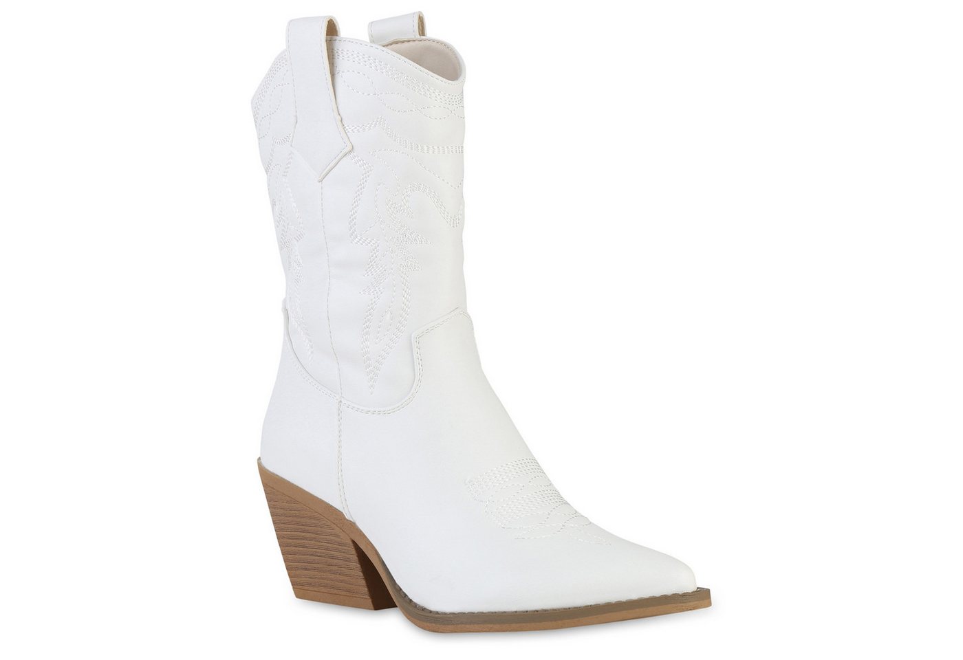 VAN HILL 841116 Cowboystiefel Damen Cowboystiefel Stiefel Spitz Zierperlen Holzoptikabsatz Schuh (weiß)