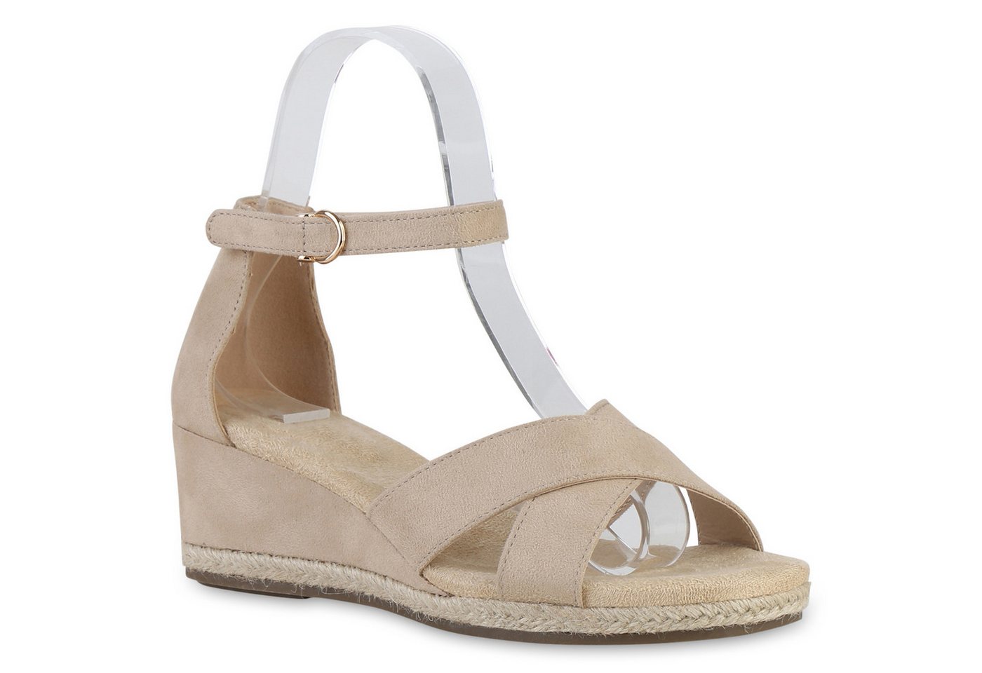 VAN HILL 841127 Keilsandalette Damen Keilsandaletten Sandaletten Wedges Bast Sommer (beige)