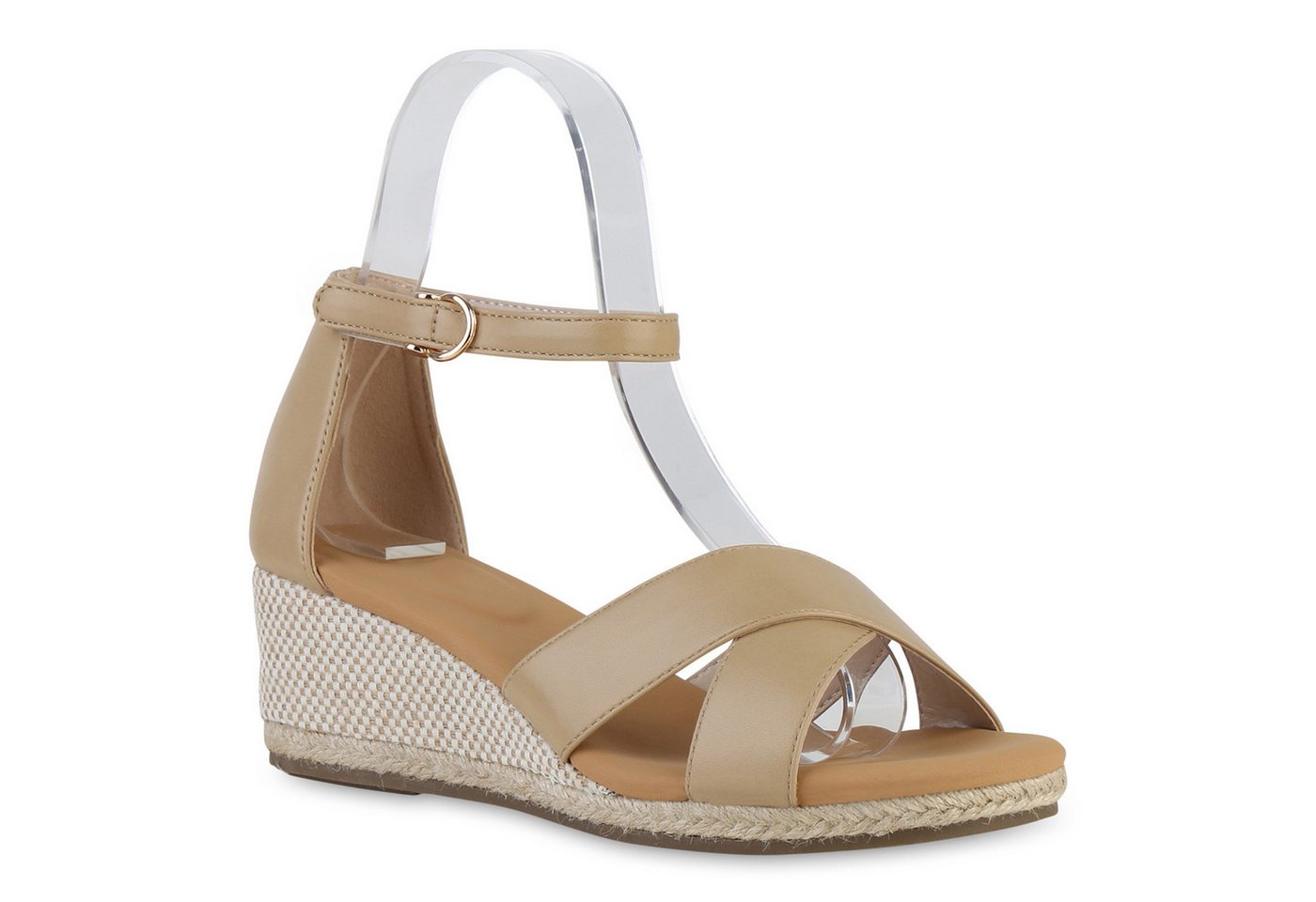 VAN HILL 841127 Keilsandalette Damen Keilsandaletten Sandaletten Wedges Bast Sommer (braun)