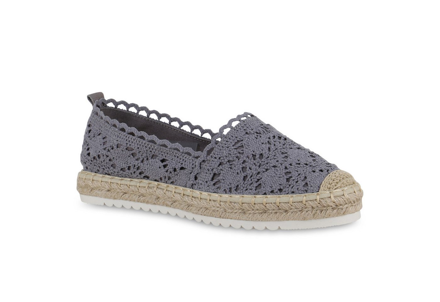 VAN HILL 841310 Espadrille Damen Espadrilles Slippers Spitze Bast Profil-Sohle (grau)
