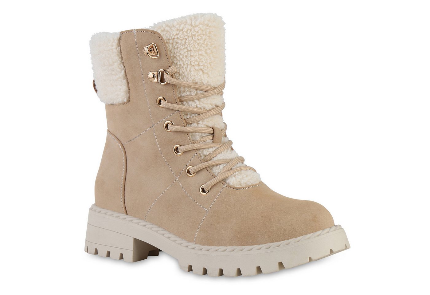 VAN HILL 841345 Schnürstiefelette Damen Gefütterte Schnürstiefeletten Bequem Kunstfell Winter