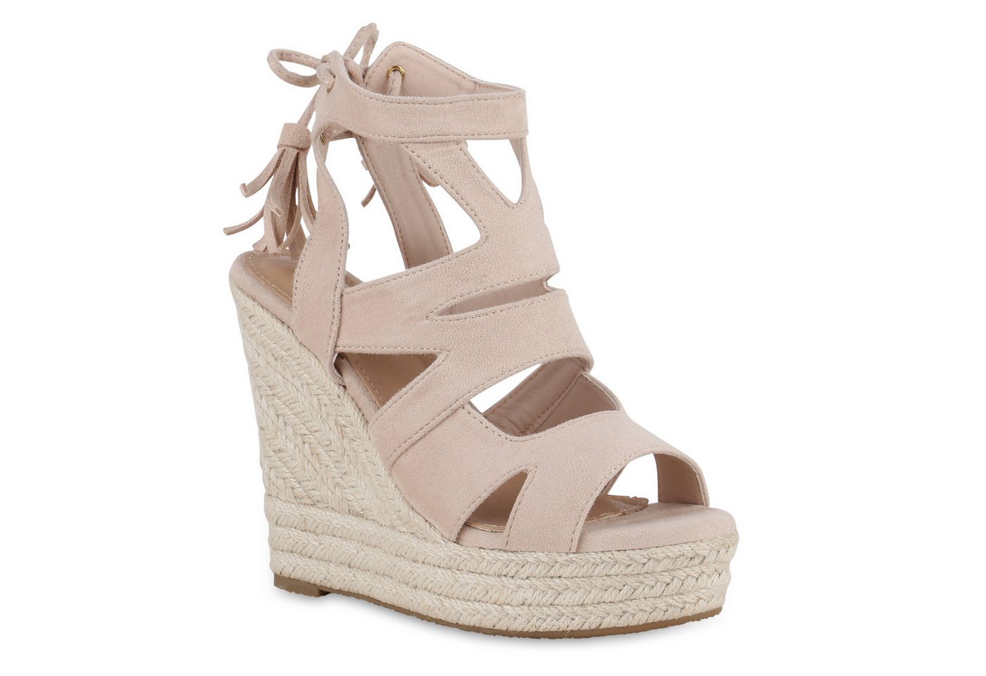 VAN HILL 841372 Keilsandalette Damen Keilsandaletten Sandaletten Bast Quasten Cut-Outs