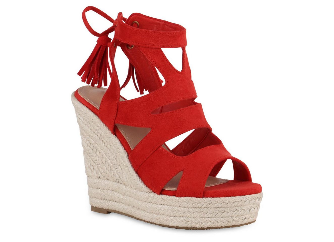 VAN HILL 841372 Keilsandalette Damen Keilsandaletten Sandaletten Bast Quasten Cut-Outs