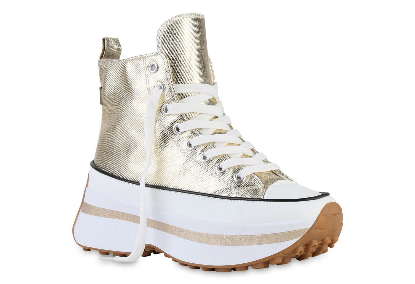 VAN HILL 841393 Plateausneaker Damen Plateau Sneaker Schnürer Profil-Sohle Freizeit Plateau-Schuh (gold)